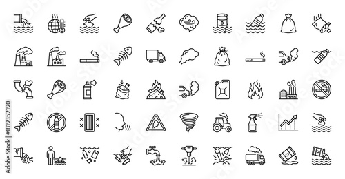 Environmental pollution line icon set. Vector pictograms of global warming, factory smoke, water waste, car exhaust, plastic debris, garbage, oil spills, and fish skeleton, thin linear illustration.