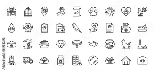Pet care line icon set. Vector pictograms of hands with paw, vet clinic, pet carrier, dog house, food bowl, medicine, cat, dog, bird, fish, and collar, thin linear illustration.
