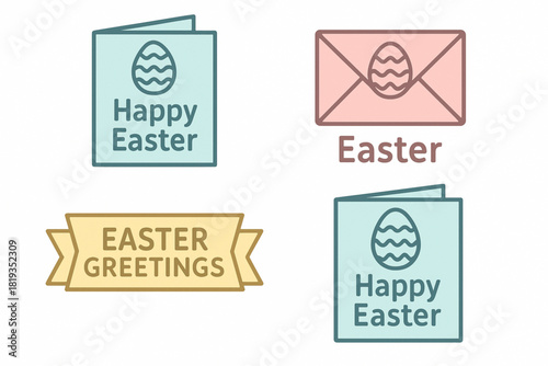 Vector icons of greeting cards envelopes banners and typography with Easter messages pastel flat design white background