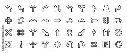 Navigation line icon set. Vector pictograms of directional arrows, traffic light, vehicles, road, intersection, bridge, parking, and warning signs, thin linear illustration.