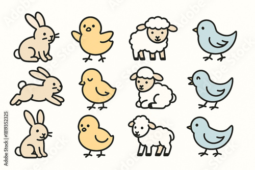 Vector icons of Easter bunnies chicks lambs and birds in playful poses minimal flat design white background