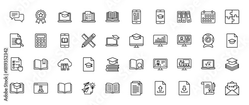 Education line icon set. Vector pictograms of laptops, books, graduation caps, documents, monitors, calendars, and awards, thin linear illustration.