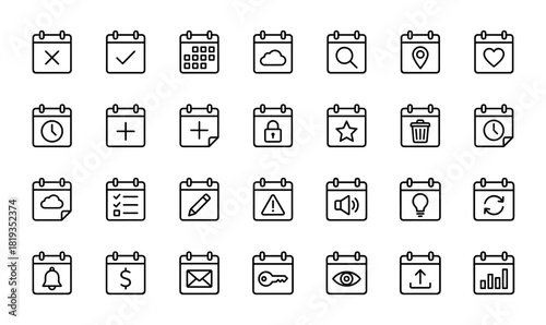 Calendar and date line icon set. Vector pictograms of schedule, search, location, cloud, time, lock, warning, bell, mail, lightbulb, chart, and settings, thin linear illustration.