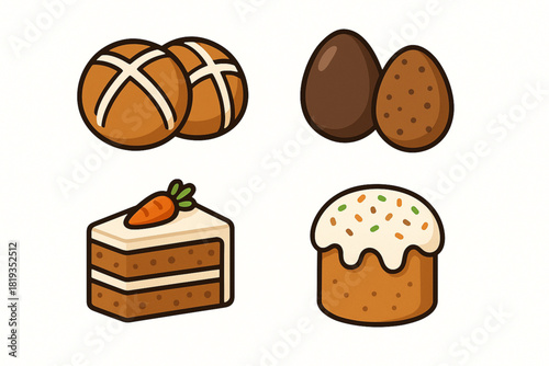Vector illustrations of hot cross buns chocolate eggs carrot cake and Easter bread clean icon style white background