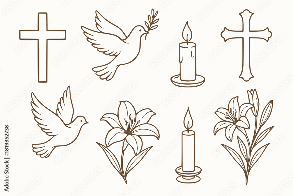 Naklejka premium Vector illustration set of crosses doves candles and lilies elegant line art style isolated on white background