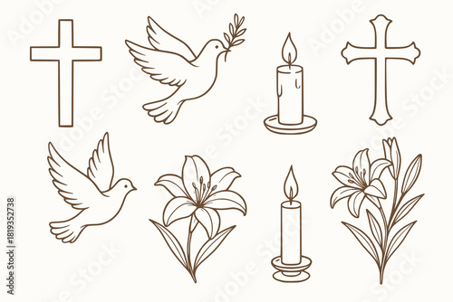 Vector illustration set of crosses doves candles and lilies elegant line art style isolated on white background