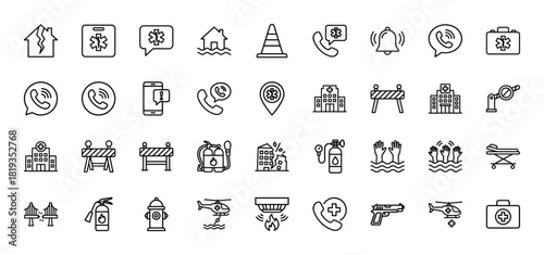 Emergency and disaster response line icon set. Vector pictograms of alarm, damaged buildings, medical aid, fire safety, and rescue operations, thin linear illustration.