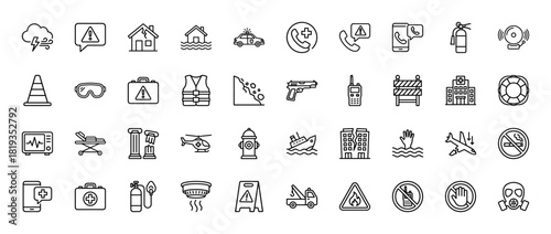 Emergency and disaster line icon set. Vector pictograms of police car, damaged house, life vest, first aid, hospital, sinking ship, and warnings, thin linear illustration.