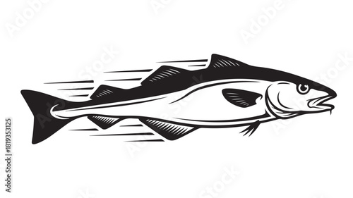 Dynamic monochrome graphic of a powerful fish swimming swiftly through the water, perfect for fishing brand, seafood restaurant logo design, or nautical themed projects