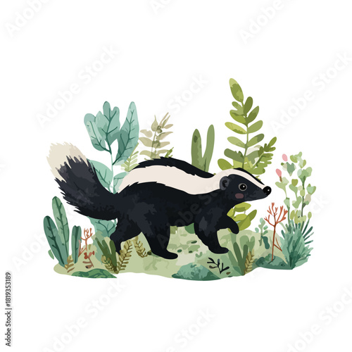 Cute Skunk Illustration Walking in Lush Green Forest Foliage.