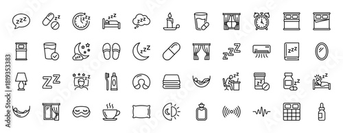 Sleep and relaxation line icon set. Vector pictograms of bed, alarm clock, moon, window, candle, pills, sleep mask, Zzz symbol, pajamas, hammock, thin linear illustration.