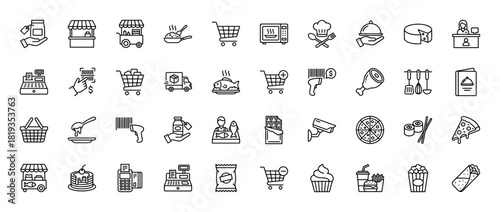 Shopping, retail, and food icon set. Vector pictograms of shopping cart, cashier, delivery, market stall, fast food, and grocery items, thin linear illustration.