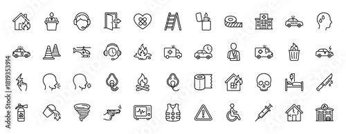 Emergency and disaster line icon set. Vector pictograms of fire, ambulance, hospital, accident, medical aid, and warning signs, thin linear illustration.