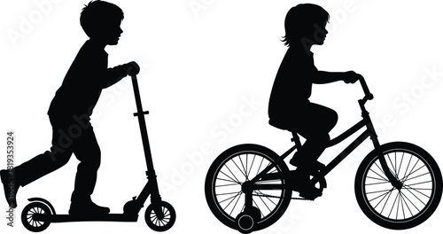 Active Black Silhouette of Two Young Children Riding Scooter and Bicycle with Training Wheels for Fun Outdoor Playtime, Illustrating Childhood Mobility and Healthy 