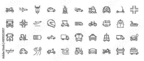 Transportation line icon set. Vector pictograms of car, airplane, truck, motorcycle, bus, train, ship, bicycle, taxi, scooter, road, and helmet, thin linear illustration.