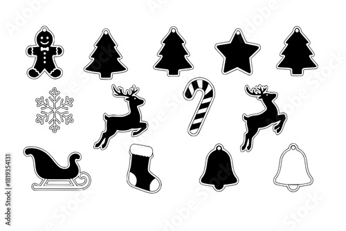 Christmas sugar cookie cut shapes Templates for cutting vector set. Die cut silhouette tags for Christmas decoration, cutting machine, paper craft. Xmas motifs isolated silhouettes cutter knife shape.