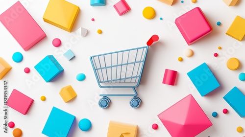 Colorful shopping cart surrounded by vibrant geometric shapes for creative promotional materials