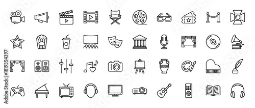 Media and entertainment line icon set. Vector pictograms of clapperboard, film camera, masks, microphone, piano, headphones, gamepad, projector, and trophy, thin linear illustration.