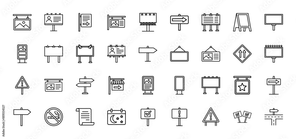 Fototapeta premium Advertising and signage line icon set. Vector pictograms of billboards, street signs, information boards, advertising displays, and warning symbols, thin linear illustration.