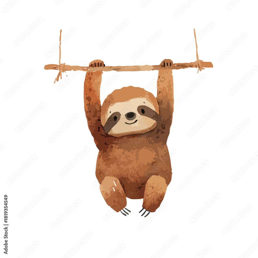Obraz premium Cute Sloth Hanging on Branch Watercolor Illustration 2.