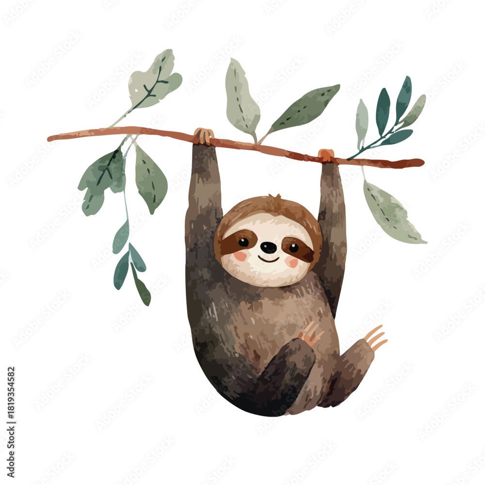 Obraz premium Cute Sloth Hanging on Branch Watercolor Illustration.