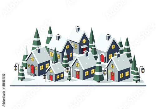 Isometric winter village scene with snow-covered houses and trees.