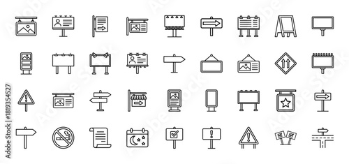 Advertising and signage line icon set. Vector pictograms of billboards, street signs, information boards, advertising displays, and warning symbols, thin linear illustration.