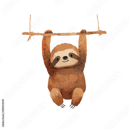 Cute Sloth Hanging on Branch Watercolor Illustration 2.