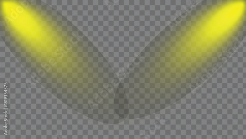 Pair of bright yellow spotlights illuminating an invisible stage or product with vibrant golden light beams from above