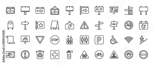 Public signs and information line icon set. Vector pictograms of billboards, directionals, warnings, stop, parking, restrooms, emergency, and accessibility symbols, thin linear illustration.