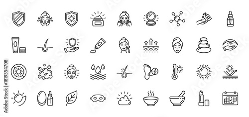 Skincare and beauty line icon set. Vector pictograms of cream, face, sun protection, spa elements, and dermatology concepts, thin linear illustration.