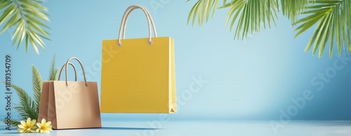 Shopping bags displayed against a pastel backdrop with tropical elements and ample copy space for promotions