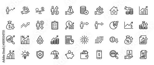 Finance and business line icon set. Vector pictograms of growth charts, money bags, balance scales, investment analysis, financial planning, savings, and security, thin linear illustration.