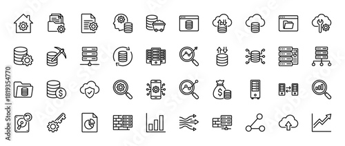 Data management and analytics line icon set. Vector pictograms of servers, cloud storage, databases, files, charts, security, and network connections, thin linear illustration.