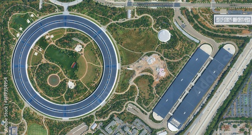 Futuristic Circular Corporate Campus in Silicon Valley Aerial View
