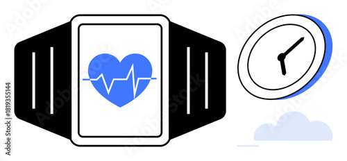 Heartbeat monitor on smartwatch with an analog clock and light cloud graphics. Ideal for health tech, fitness, time management, productivity, wellness, self-care, medical apps, simple flat metaphor