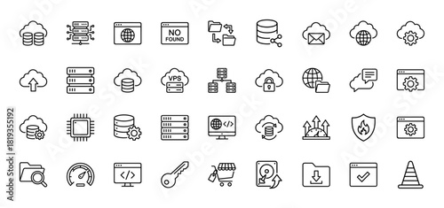 Information technology line icon set. Vector pictograms of cloud servers, databases, networking, security, web development, and data management elements, thin linear illustration.