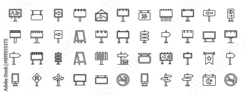 Advertising and signage line icon set. Vector pictograms of billboards, direction arrows, street signs, information boards, and hanging displays, thin linear illustration.