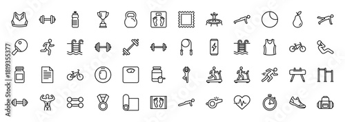 Fitness and sport line icon set. Vector pictograms of exercise equipment, workout accessories, and healthy lifestyle elements, thin linear illustration.