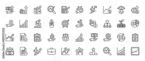 Business finance line icon set. Vector pictograms of money, charts, calculator, wallet, growth arrows, investment, target, documents, and hands, thin linear illustration.