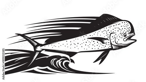 Dynamic black and white mahi mahi leaping from ocean wave, perfect for sport fishing charters, ocean conservation campaigns, or vibrant tropical designs, a powerful symbol of marine life