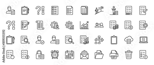 Business management line icon set. Vector pictograms of checklists, documents, tasks, planning, goals, reports, analysis, finance, and productivity, thin linear illustration.
