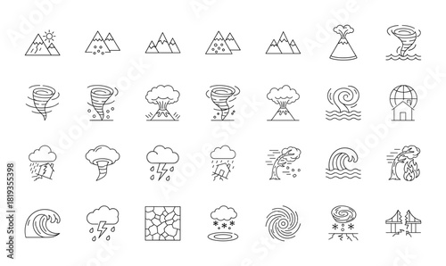 Natural disasters line icon set. Vector pictograms of volcanoes, tornadoes, storms, tsunamis, lightning, floods, wildfires, earthquakes, thin linear illustration.