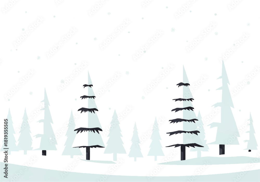 Obraz premium Winter landscape with snow-covered trees and a light snowfall.