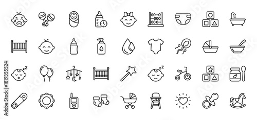 Baby line icon set. Vector pictograms of swaddled baby, feeding bottle, crying baby, rattles, diaper, crib, bathtub, stroller, and high chair, thin linear illustration.