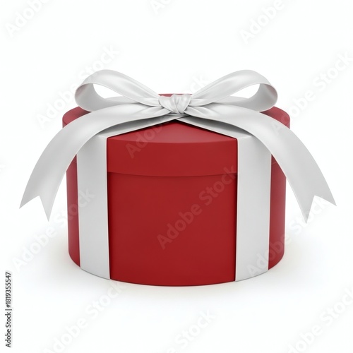 Elegant round red gift box with a shiny white ribbon tied in a perfect bow, isolated on a clean white background for any celebration