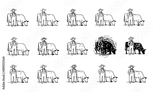 Cowboy with Cattle Illustration Set, Farm Ranch
Livestock Graphic,  Line art Unique Cow Animal Character Design 