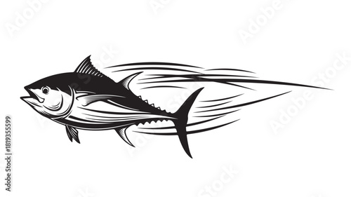 Dynamic tuna fish illustration leaping with speed, perfect for fishing enthusiasts, seafood restaurants, or marine life projects, showcasing power and elegance in black and white