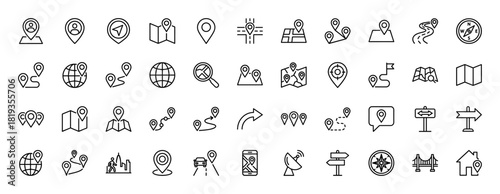Location and navigation line icon set. Vector pictograms of map markers, routes, globe, compass, direction signs, and travel elements, thin linear illustration.
