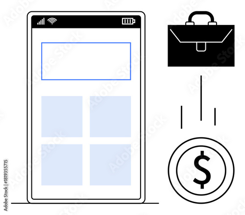 Smartphone interface with icons for money transfer and business briefcase. Ideal for banking, finance, e-commerce, technology, digital payments, business and financial growth, simple flat metaphor